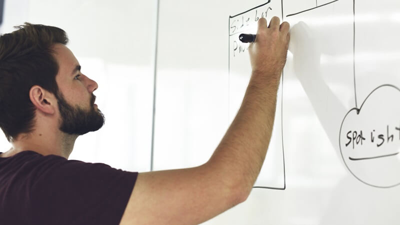 ホワイトボードに書き込んでいる男性