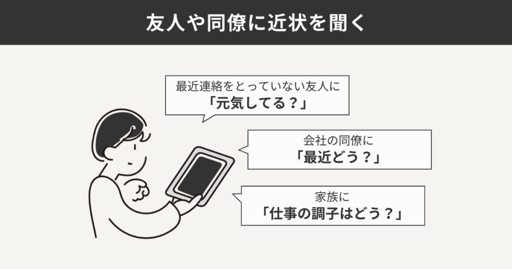 相談できる人をつくるために今すぐできる方法として友人や同僚に近状を聞く方法の具体例をまとめている図解
