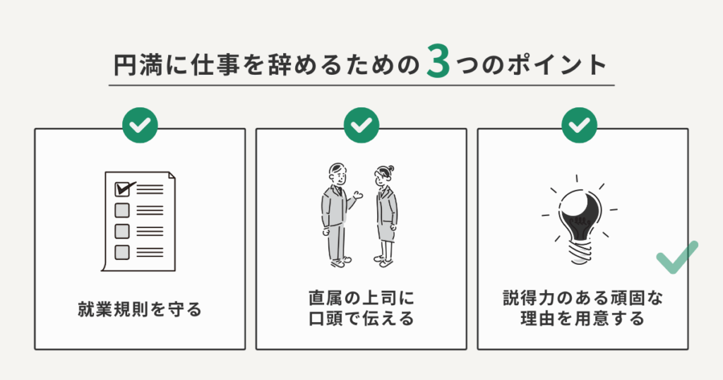 円滑に仕事を辞めるための3つのポイントをまとめた図解