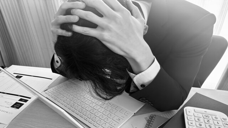 仕事だけの人生に悩み頭を抱える男性会社員
